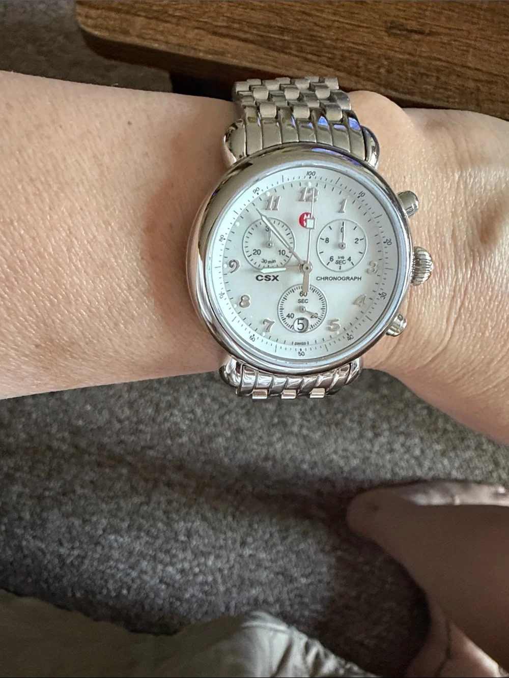 Michele Silver Stainless Steel Chronograph Watch with White Dial